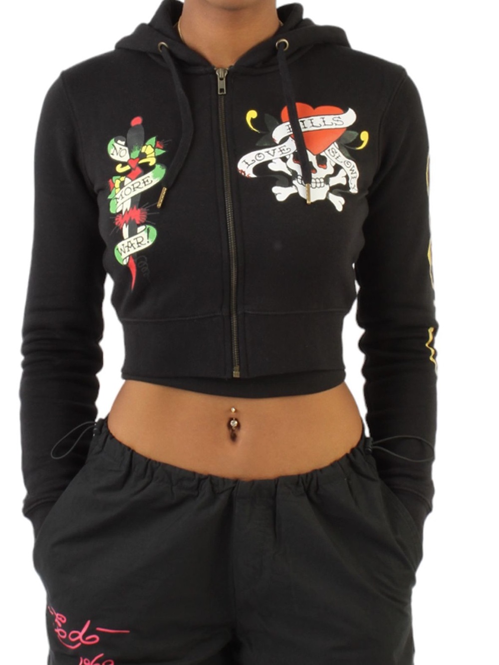 Ed Hardy Black Cropped Zip Hoodie with Colorful Tattoo Graphics